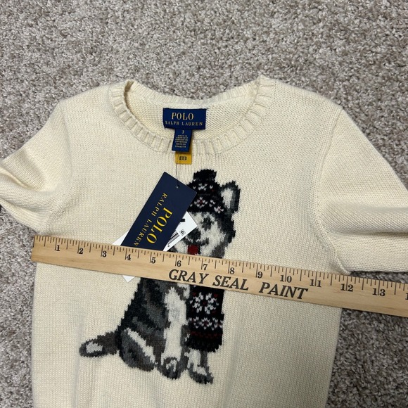 NWT Polo Ralph Lauren Dog Intarsia Crewneck Sweater Boys Size 3 Husky Cream - Picture 3 of 9